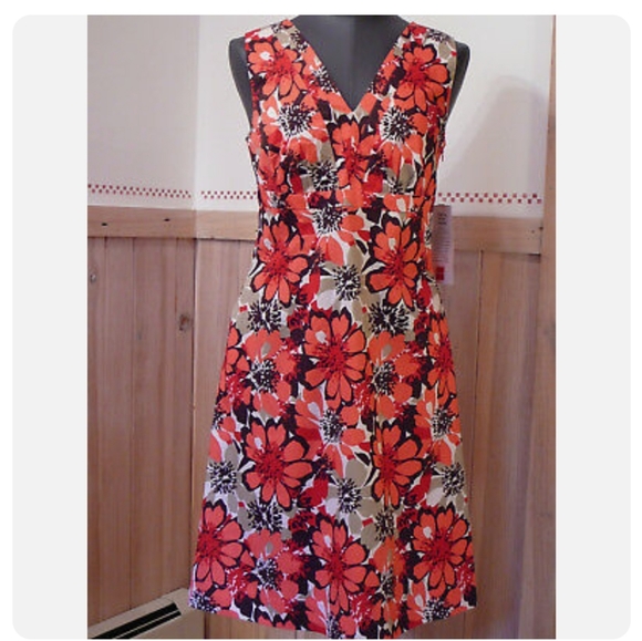 East 5th Floral Dress Cotton Blend Coral V-Neck Sleeveless Size 10